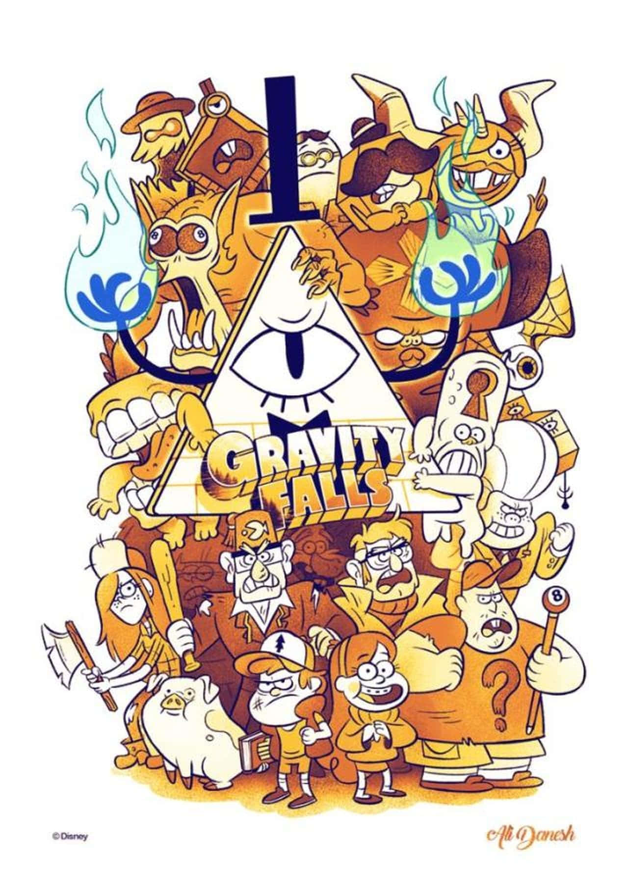 《重力泉》卡通角色聚集在三角形眼睛標誌周圍。