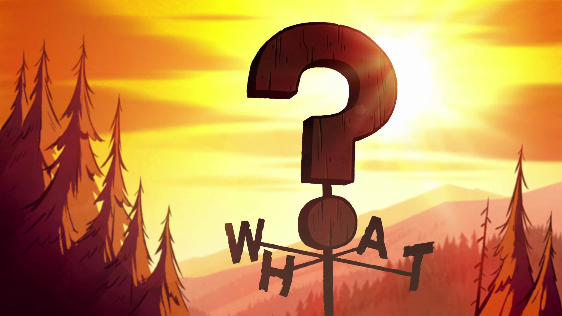 日落時分森林中的一個大木製問號，下方有「WHAT」這個詞。
