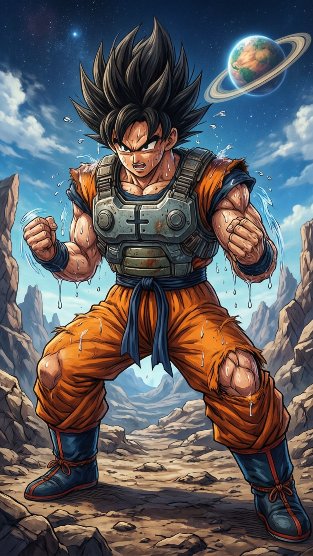 動漫角色身穿橙色道服和盔甲，站在有帶環行星的岩石沙漠中
