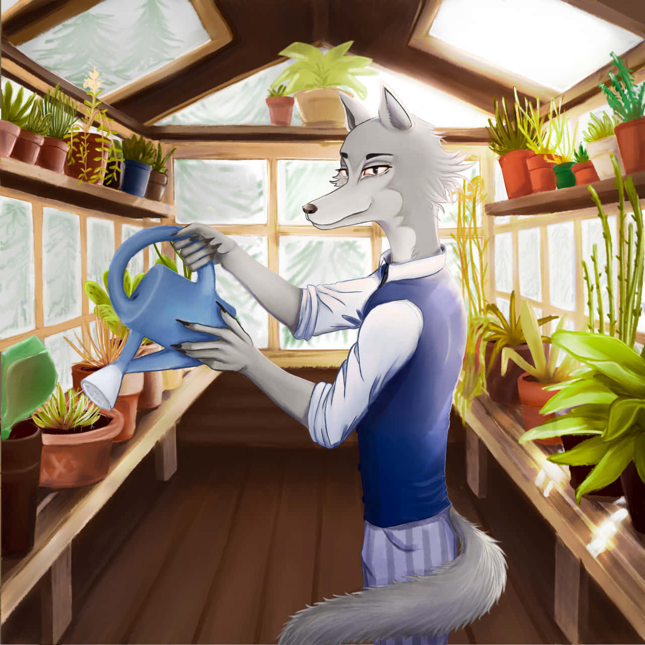  壁紙 — 一隻灰色的擬人化狼穿著藍色背心，在充滿綠植、陽光充足的木製溫室內為盆栽澆水。
