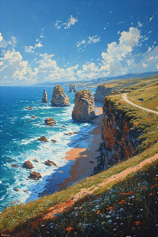 Great Ocean Road and Twelve Apostles Coastal 4K 壁紙 — 充滿活力的海岸景色，碧綠色的海浪拍打著崎嶇的懸崖和標誌性的岩石形態，在明亮的藍天和蓬鬆的白雲下。