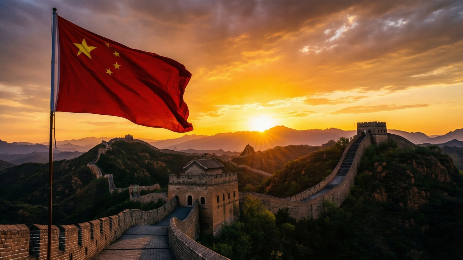 金色夕陽下紅色中國國旗在萬里長城上飄揚，背景為山巒