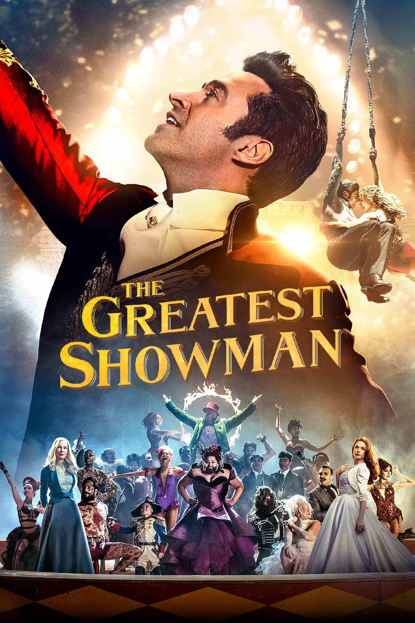 《 Greatest Showman 》劇照雜誌封面 壁紙 — 一張令人眼花繚亂的馬戲團海報， featuring 一位身穿紅金色、魅力十足的馬戲團領班，在耀眼的聚光燈下被表演者包圍。