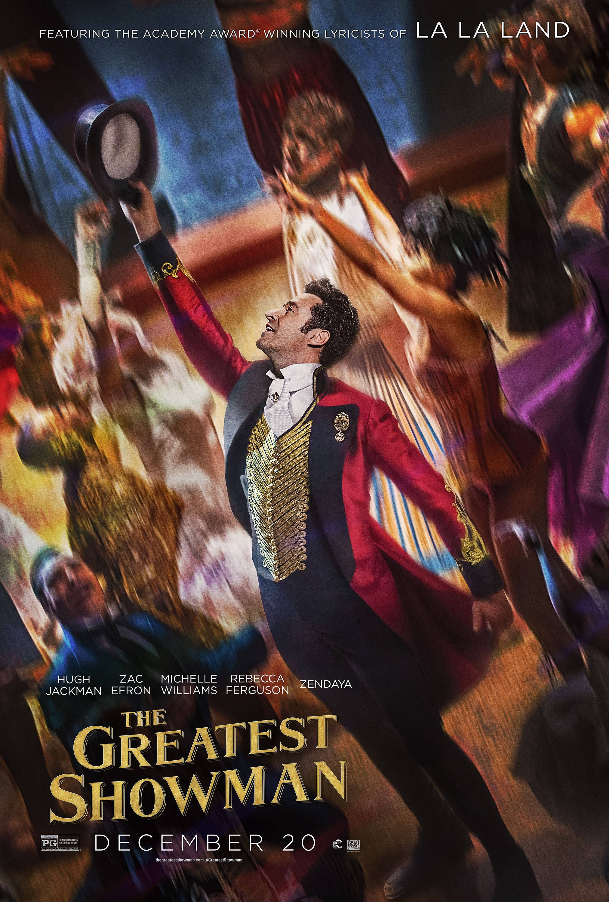 《 Greatest Showman 》繪畫藝術 壁紙 — 一位耀眼的表演者身穿紅金色表演者西裝，高舉高頂帽，在旋轉的舞者人群中歡快地跳躍，呈現出一場充滿活力的戲劇盛會。