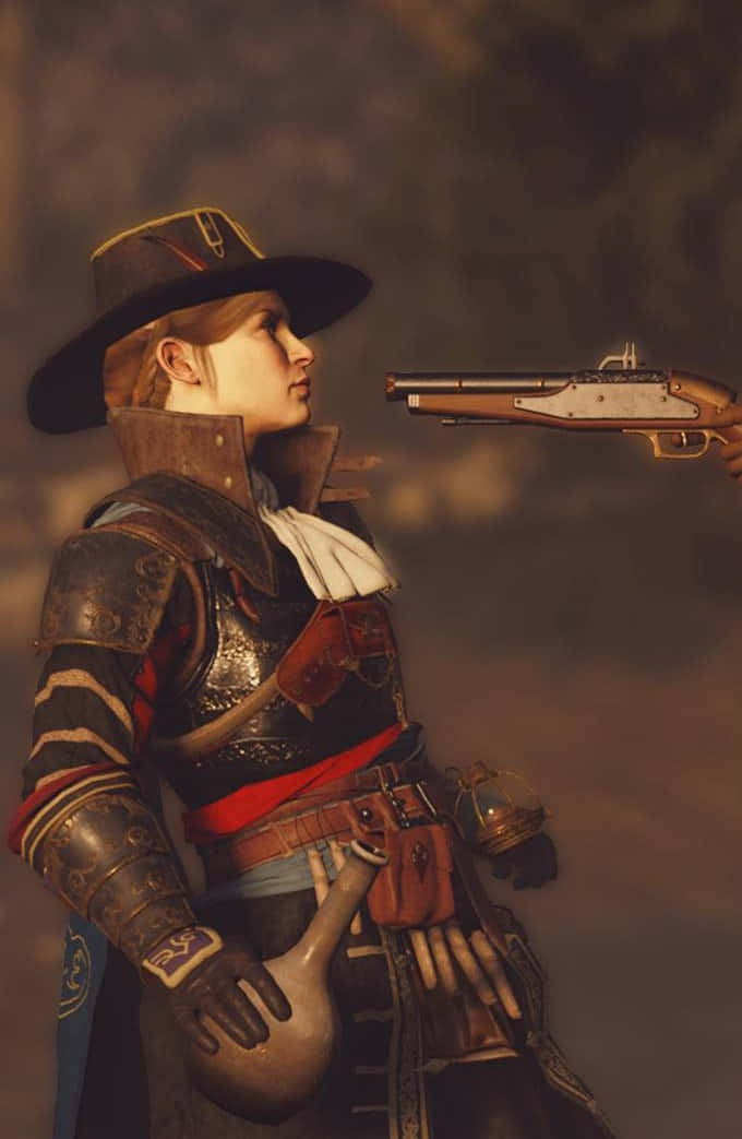 《Greedfall》壯麗背景的精彩場景，一款令人興奮的 Android RPG 遊戲 壁紙 — 一名身穿華麗歷史盔甲和帽子的女性，在緊張的對峙中面對一支指向她的手槍。