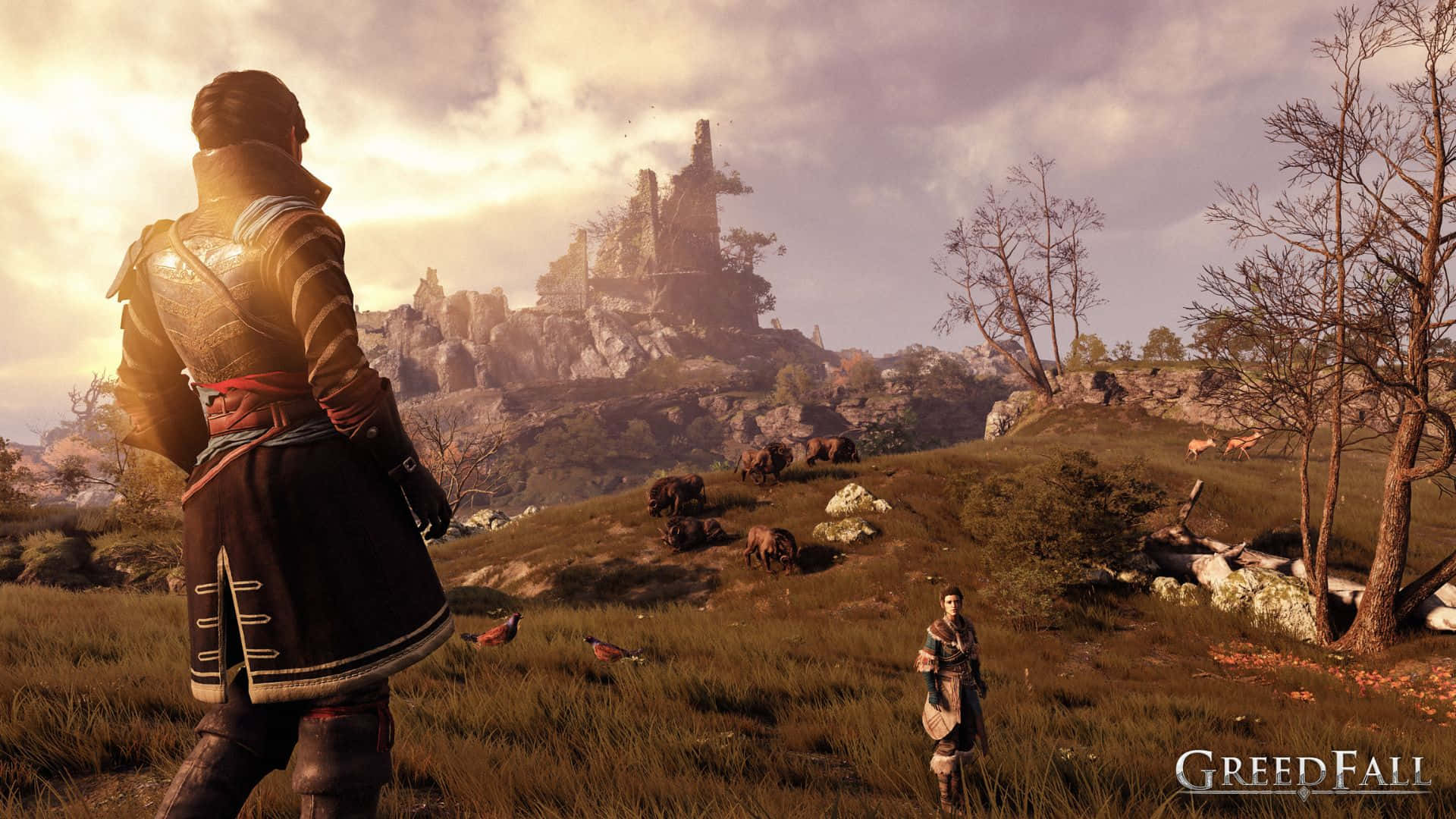 《Greedfall》日落時分的廢墟風景 壁紙 — 一名身穿精細盔甲的戰士站在長滿草的山丘上，俯瞰遠處一座廢墟城堡，陽光穿透雲層。