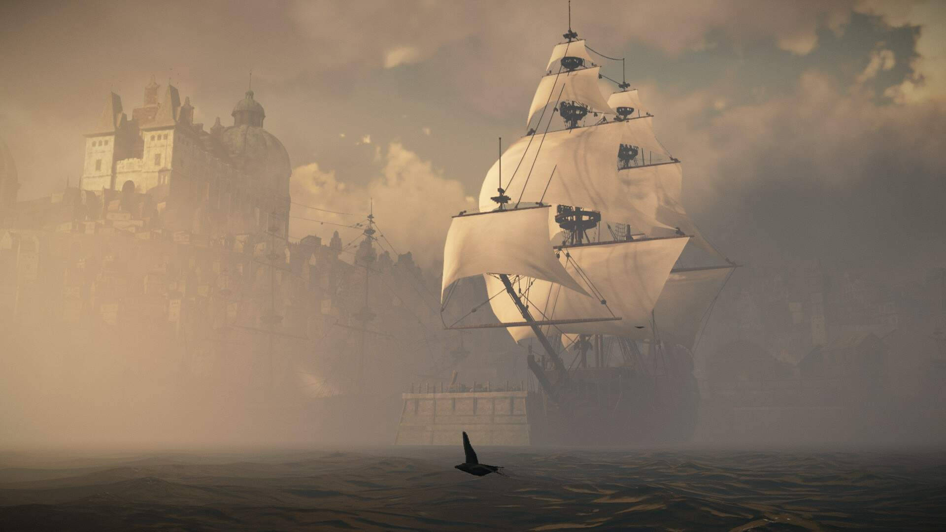 Greedfall 白色船隻 壁紙 — 一艘大型帆船鼓著白帆，在陰天之下，於靠近遠方沿海城市的迷霧水域中航行。