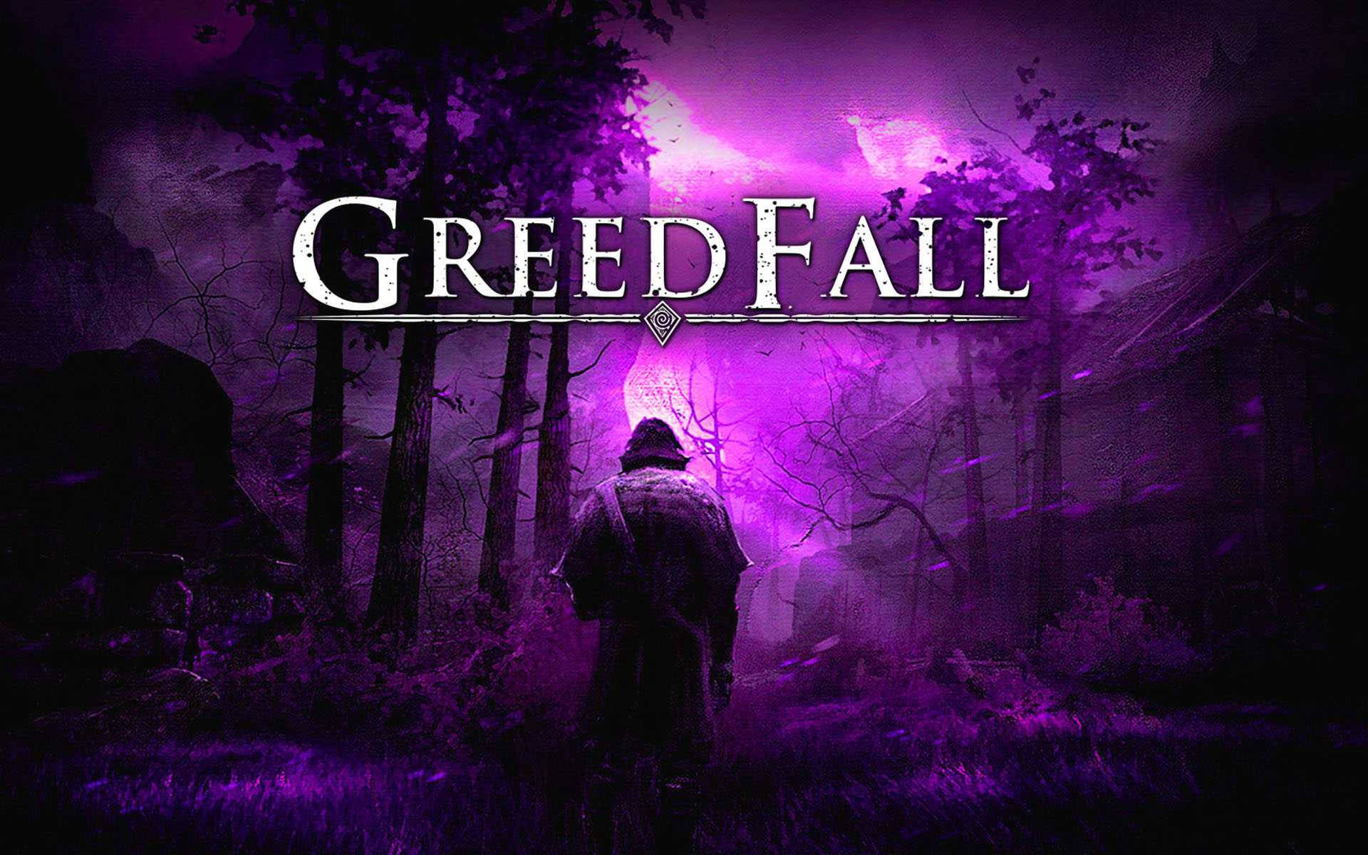 Greedfall 紫色森林背景 壁紙 — 一個孤獨的戴帽身影走過霧氣瀰漫的森林，沐浴在詭異的紫色光芒中，而標題 GreedFall 在上方發光。