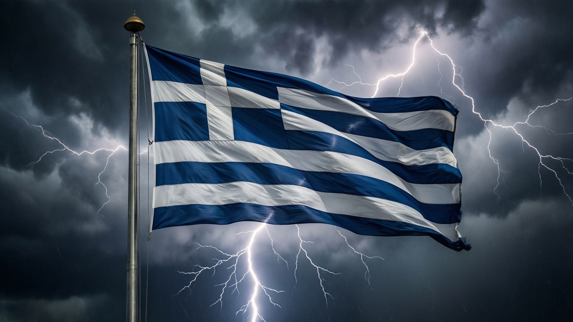 Greek Flag 桌布 壁紙 — 希臘國旗在暴風雨中挑釁地飄揚，閃電劃破烏雲。