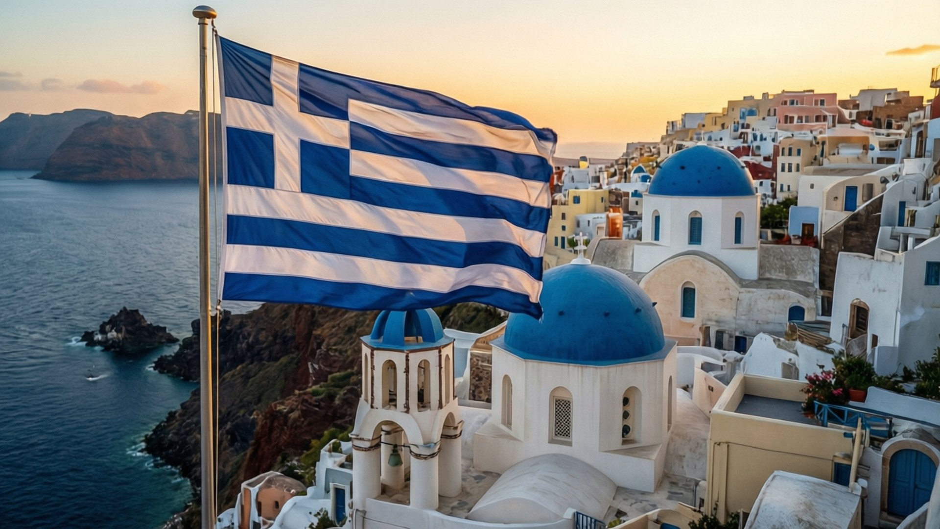 Greek Flag 桌布 壁紙 — 希臘國旗在聖托里尼標誌性的藍頂教堂上空自豪地飄揚，正值金色日落時分。