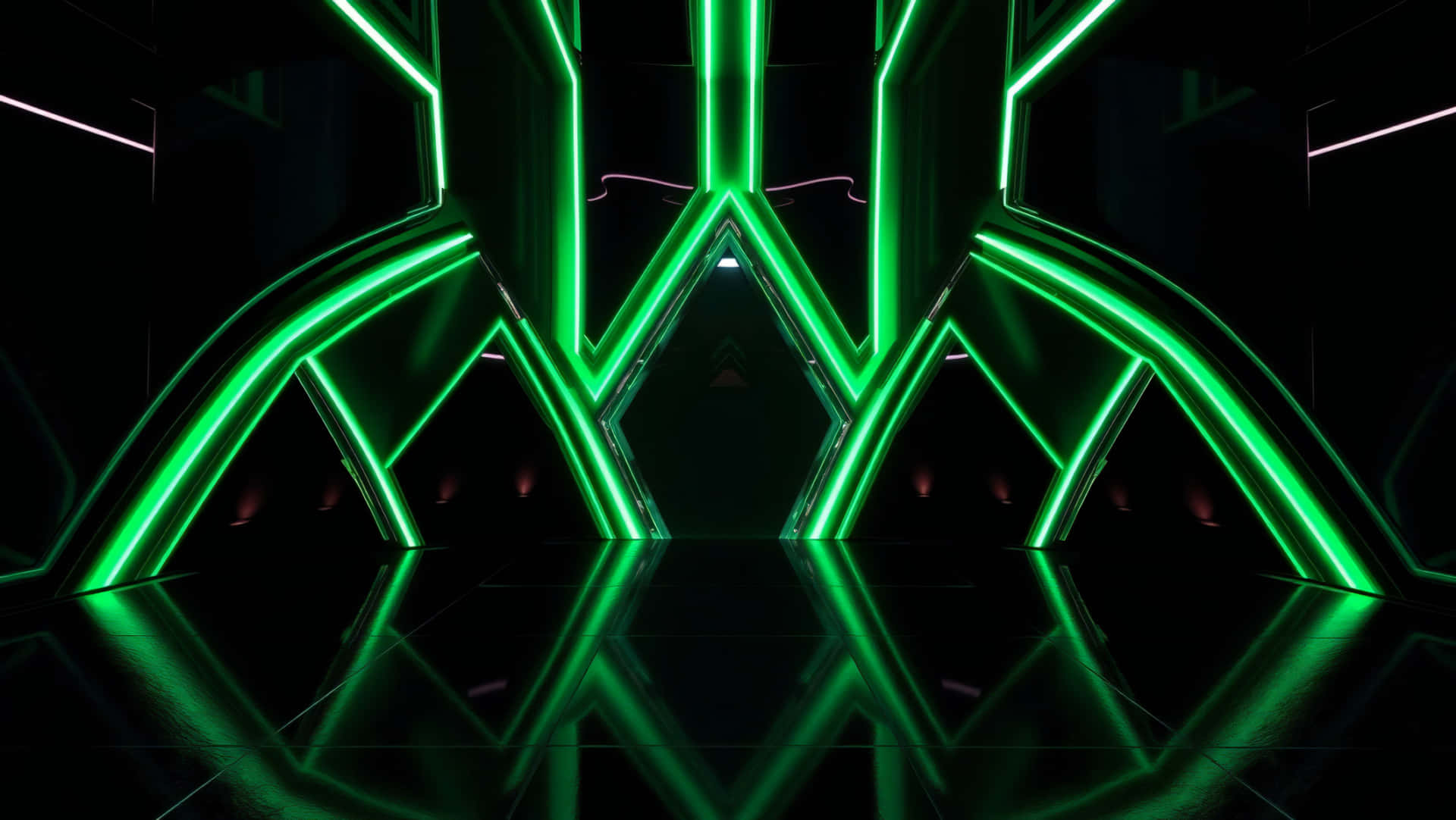 黑暗空間中對稱的綠色霓虹隧道，帶有鏡面地板反射