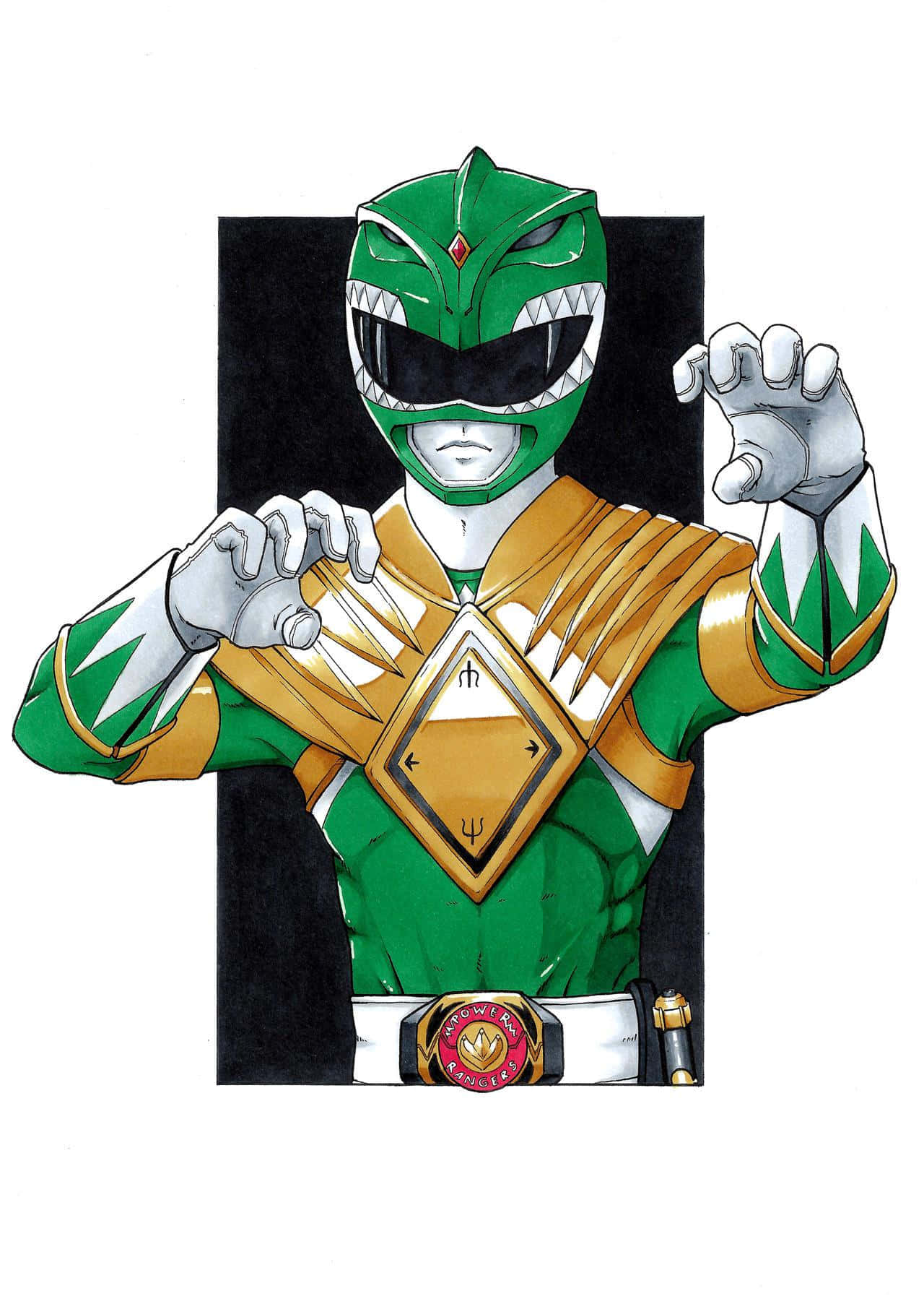  壁紙 — 一個綠色和金色的Power Ranger在黑色背景前擺出動態姿勢，戴著白色手套和精細的胸部徽章。