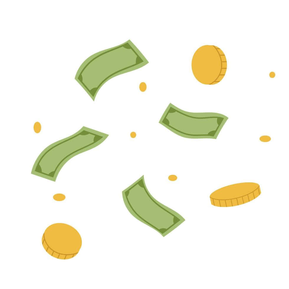  壁紙 — 綠色紙幣和金幣在純白色背景上以平面向量風格動態漂浮。