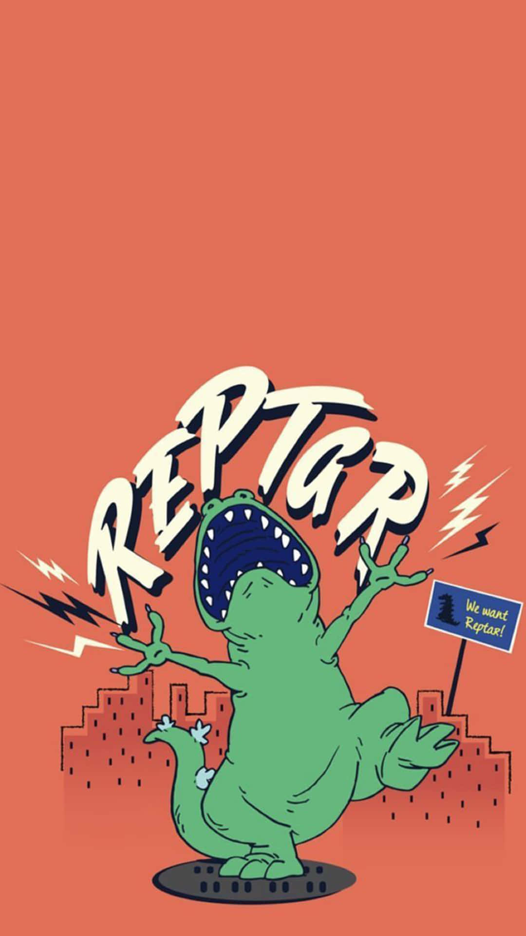 壁紙 — 一隻綠色卡通恐龍，手持寫著「REPTGR」的標語牌，背景為純橙色。