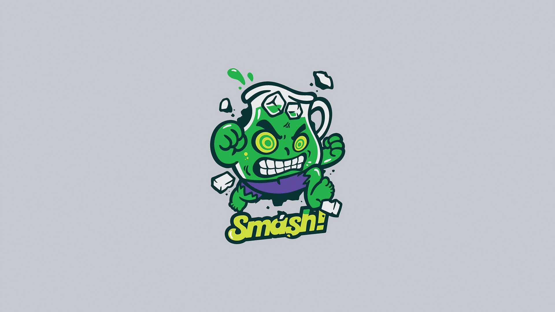 綠色卡通怪物砸碎杯子，冰塊飛濺，下方有「Smash!」文字。