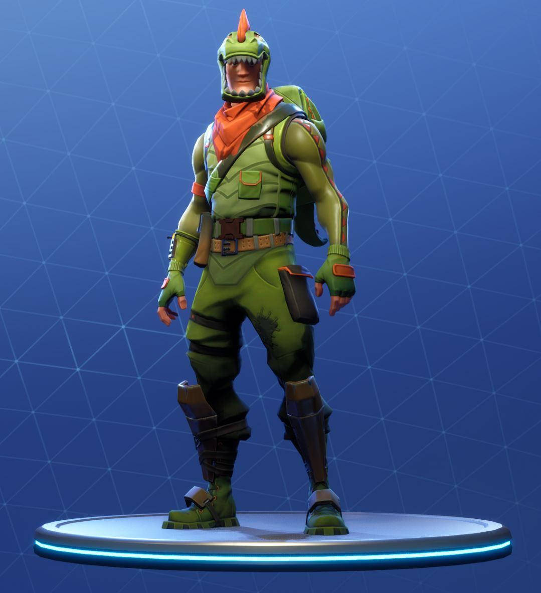綠色恐龍Fortnite角色穿著盔甲站在發光平台上