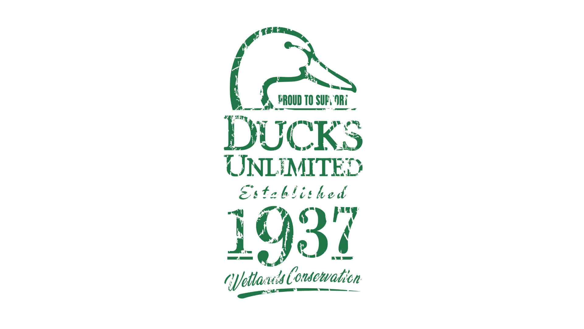  壁紙 — 一個綠色磨損的鴨頭標誌，上面寫著 Ducks Unlimited 成立於1937年 濕地保護，背景為白色。