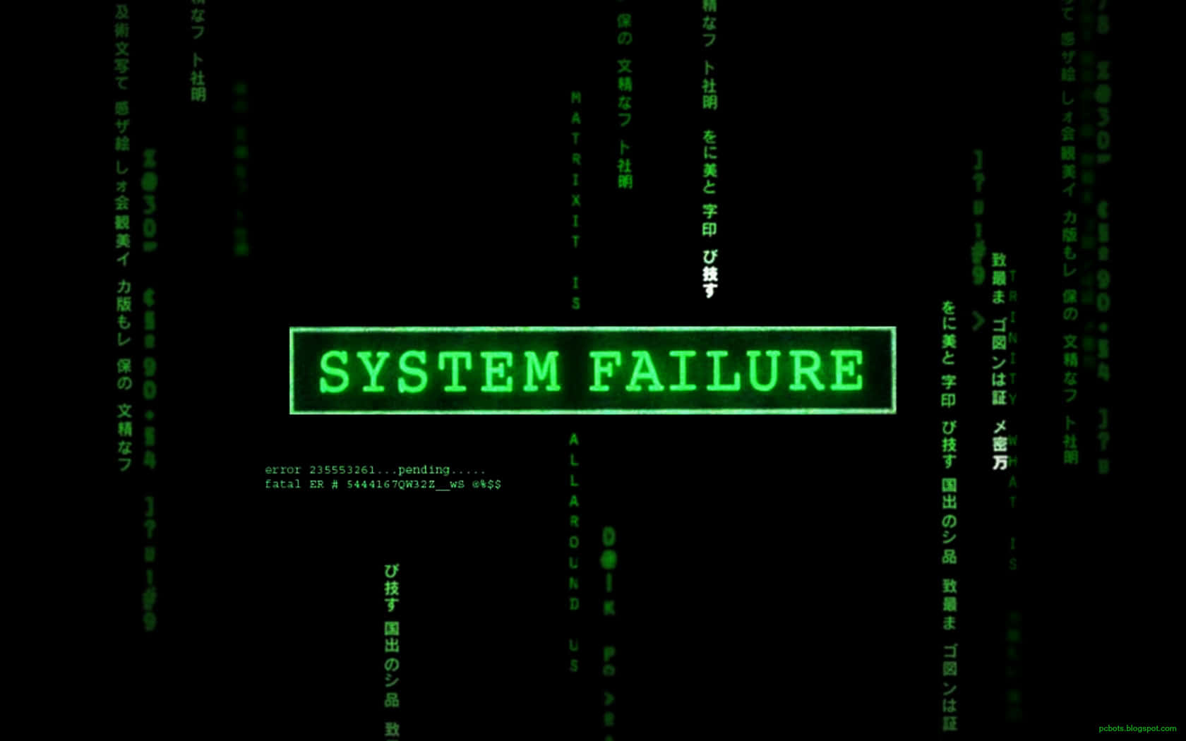 黑色背景上帶有墜落日文文字的綠色發光系統故障訊息。