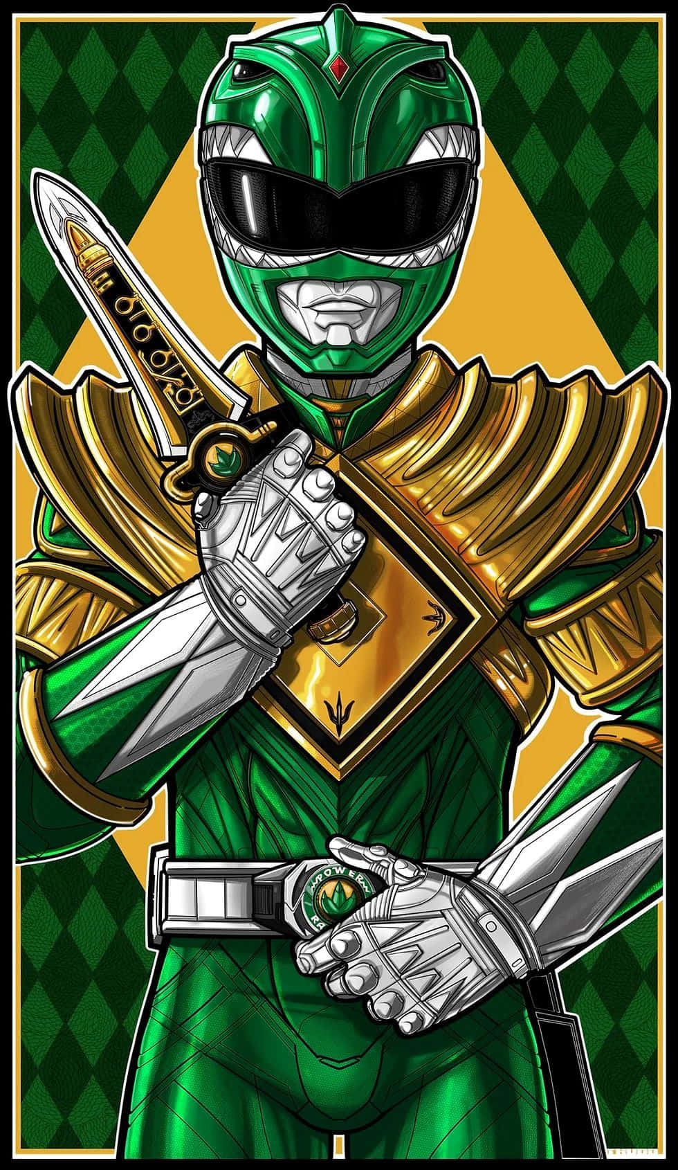  壁紙 — 一個身穿綠色和金色盔甲嘅Power Ranger自信咁企喺鑽石圖案背景前，揸住一把劍。