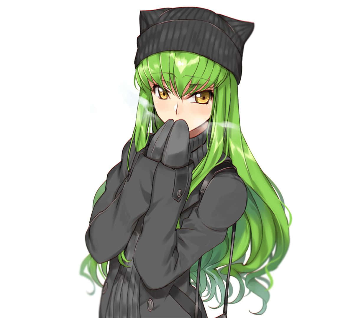 Code Geass C.c. 桌布 壁紙 — 一位綠髮動漫女孩戴著黑色貓耳帽和手套，在純白背景前用手遮住嘴巴，呼出的蒸氣裊裊升起。