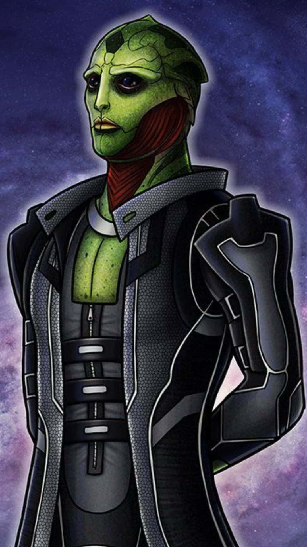Thane Krios 桌布 壁紙 — 一個綠色皮膚的外星人戴著紅色圍巾，穿著未來主義的黑色套裝，站在繁星點點的宇宙背景前。