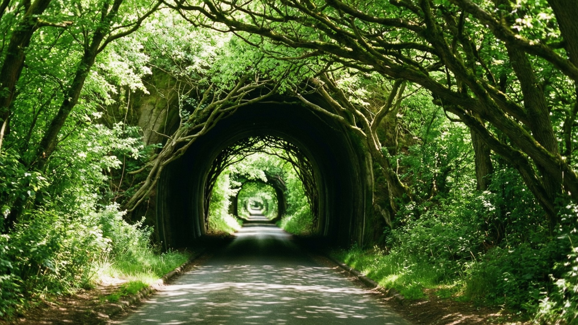 一條鋪砌的道路穿過茂密綠色森林中的天然樹木隧道。