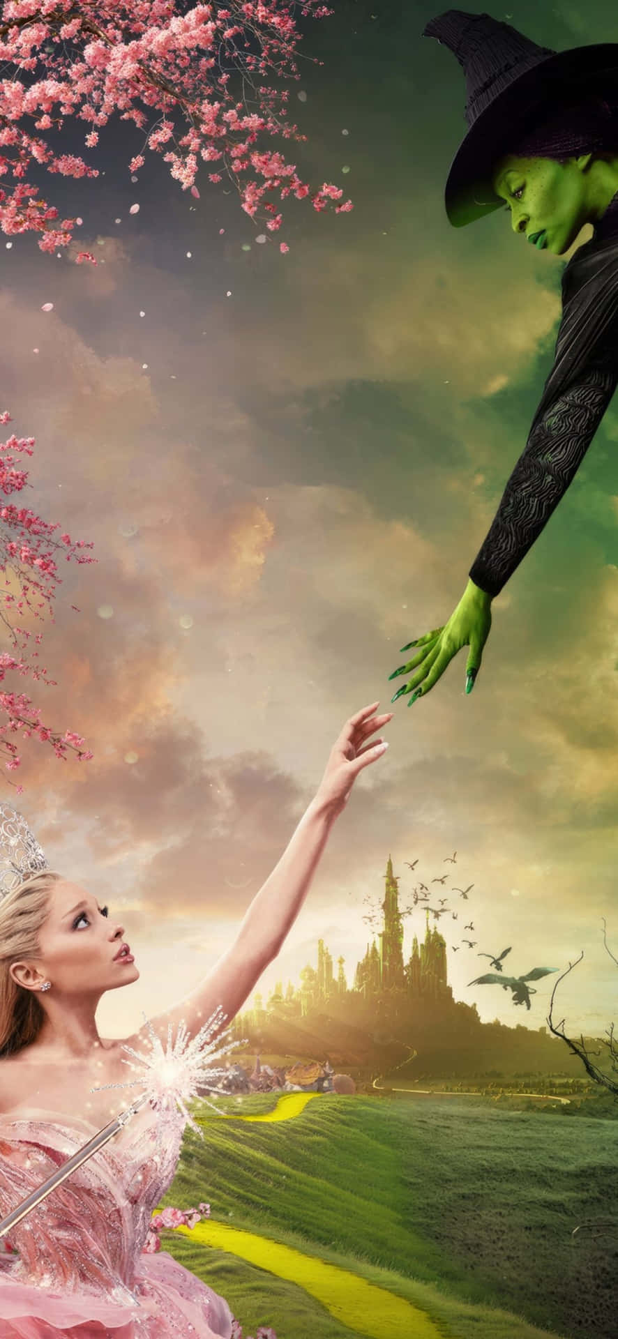 壁紙 — 一個綠色皮膚、戴著黑色帽子的女巫從天空向盛開櫻花下穿著粉紅色長裙的公主伸出手。