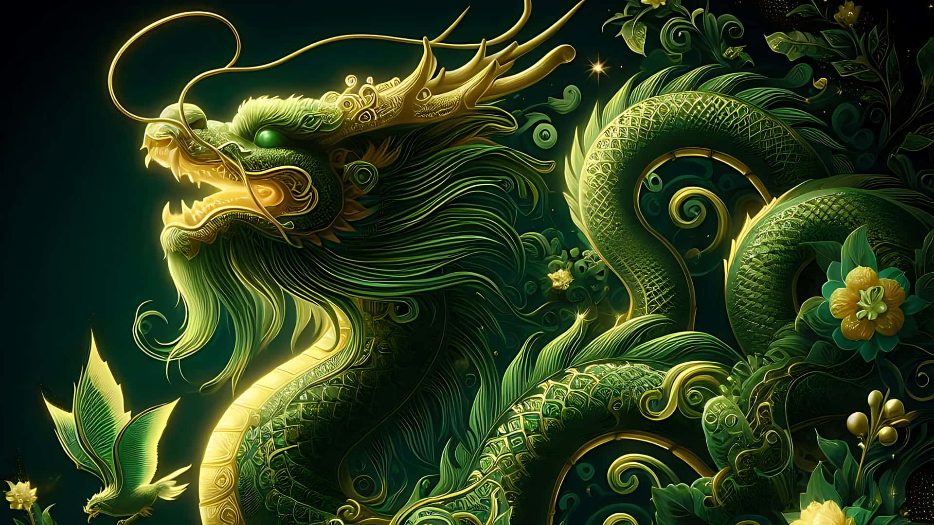 一條詳細的綠色和金色龍，在黑暗環境中被花朵和樹葉包圍。