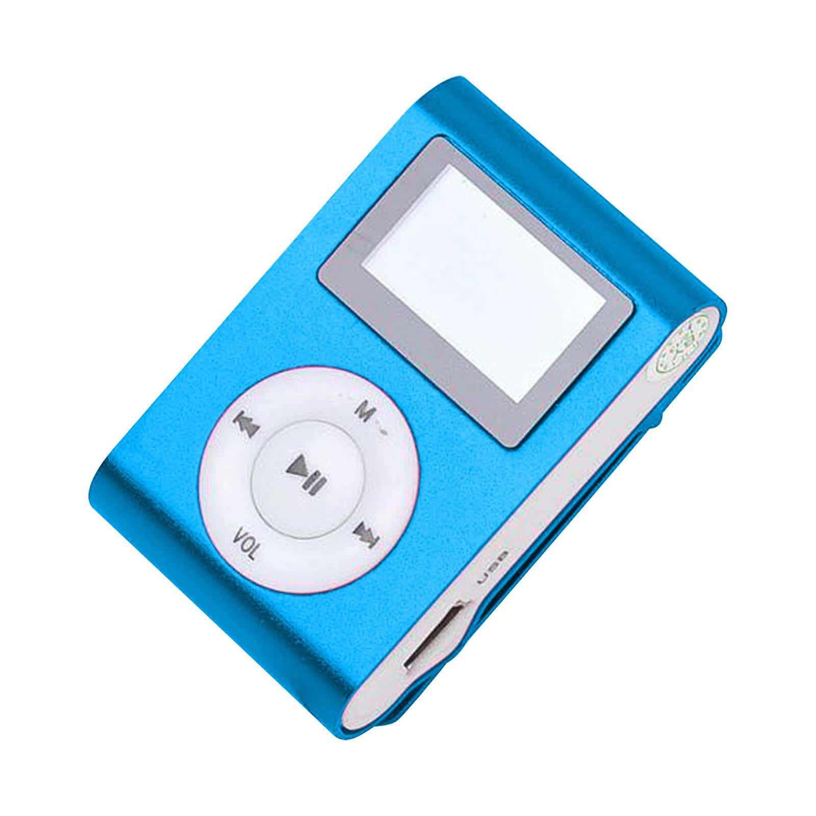 Greenhome MP3圖片 壁紙 — 一個鮮豔的藍色便攜式MP3播放器，帶有圓形控制板和細小屏幕，置於潔白背景上。