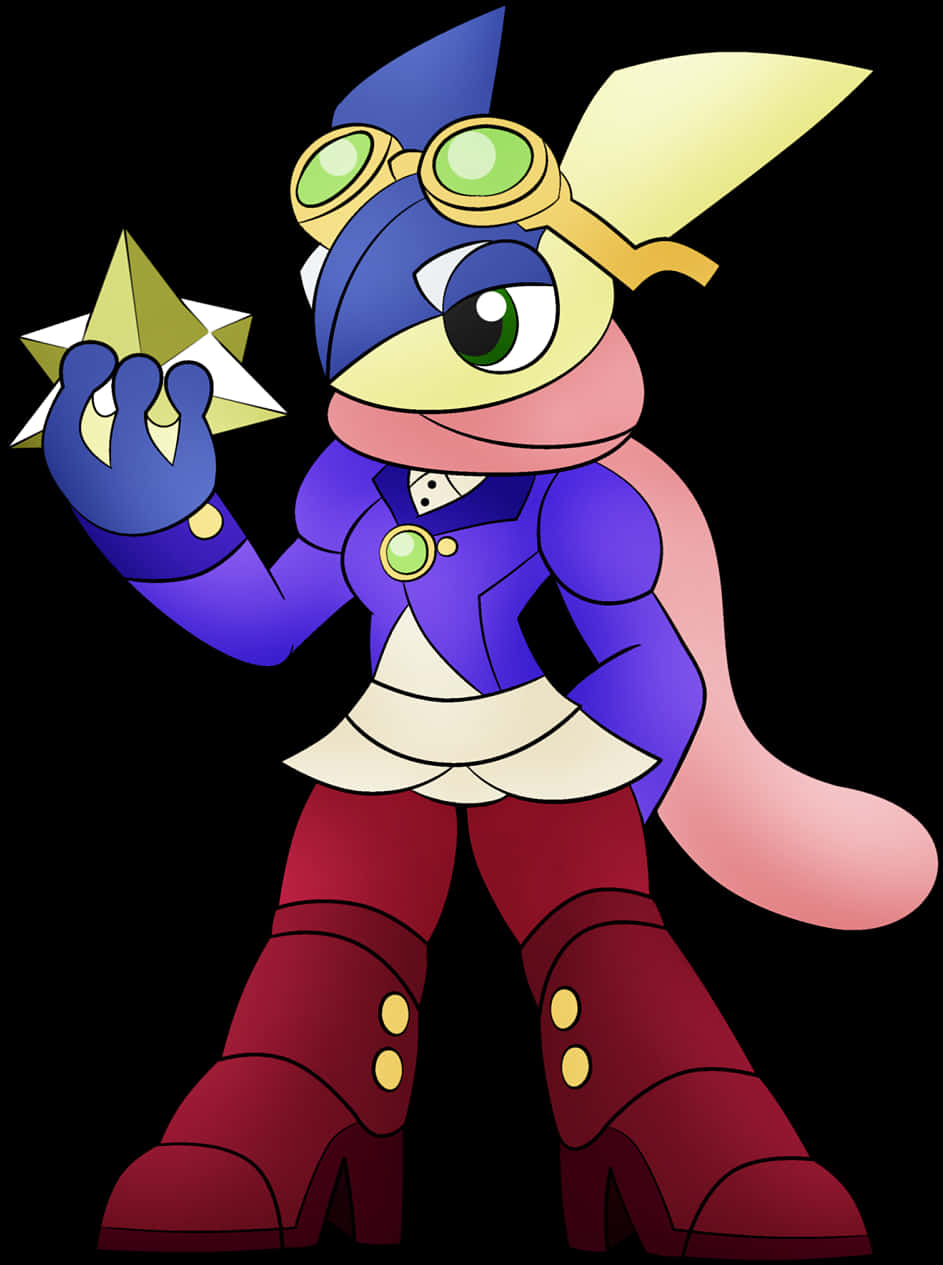 Greninja 跨界角色藝術圖 壁紙 — 一個卡通角色，綠色眼睛，戴著護目鏡，在黑色背景前拿著一個星形物體。