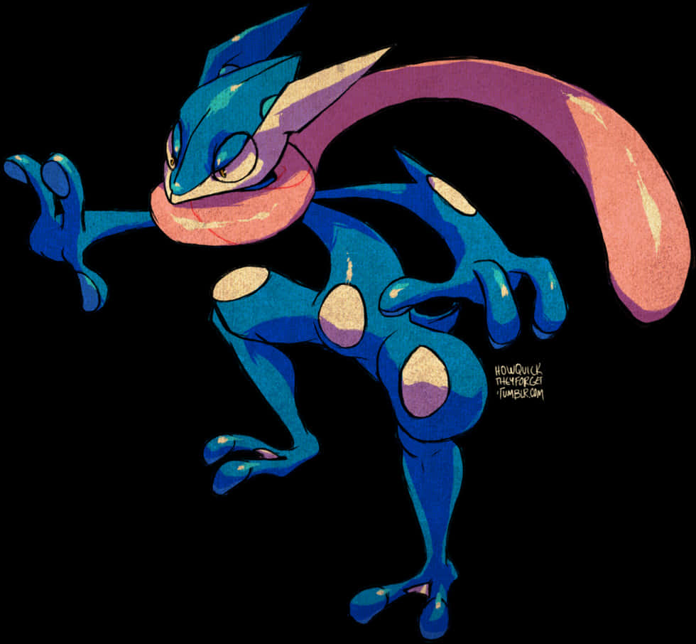 Greninja 藝術姿勢 壁紙 — 一隻動態的藍色和粉紅色動漫風格寶可夢，擁有長尾巴和發光的眼睛，在黑色背景前擺出俏皮的姿勢。