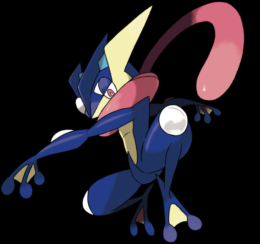 Greninja 寶可夢角色藝術 壁紙 — 一隻充滿動感的藍色和粉紅色動畫青蛙寶可夢在純黑色背景上擺出強而有力的姿勢。
