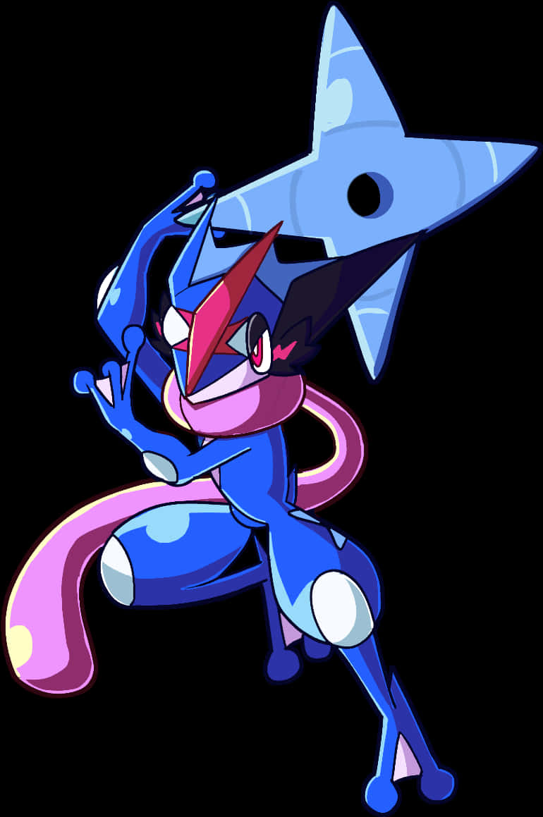 Greninja 寶可夢角色藝術圖 壁紙 — 一個動態的藍色和粉紅色動漫風格神奇寶貝，戴著星形頭飾，在黑色背景前擺出強有力的姿勢。