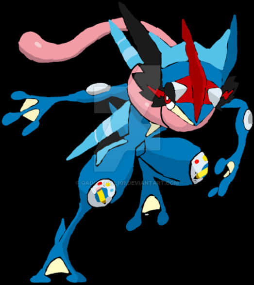 Greninja 寵物小精靈粉絲藝術 壁紙 — 一隻動態的藍色和粉紅色動漫風格寶可夢，擁有紅色眼睛和尖銳特徵，在黑色背景前挑釁地擺姿勢。