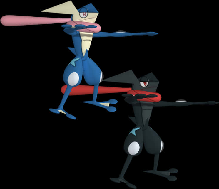 Greninja 與 Ash-Greninja 姿勢 壁紙 — 兩個風格化的寶可夢角色在黑色背景上擺出動態姿勢，一個藍色帶粉紅色點綴，另一個黑色帶紅色點綴。