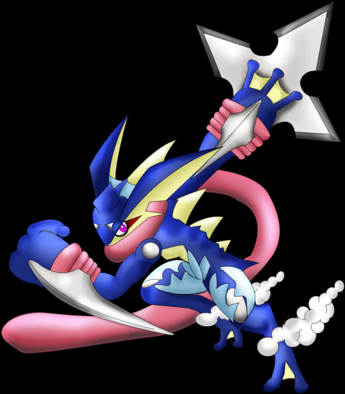 Greninja Ash 型寶可夢 壁紙 — 一個動態的藍色和粉紅色動漫風格寶可夢在黑色背景上揮舞著一個大的銀色星形武器。