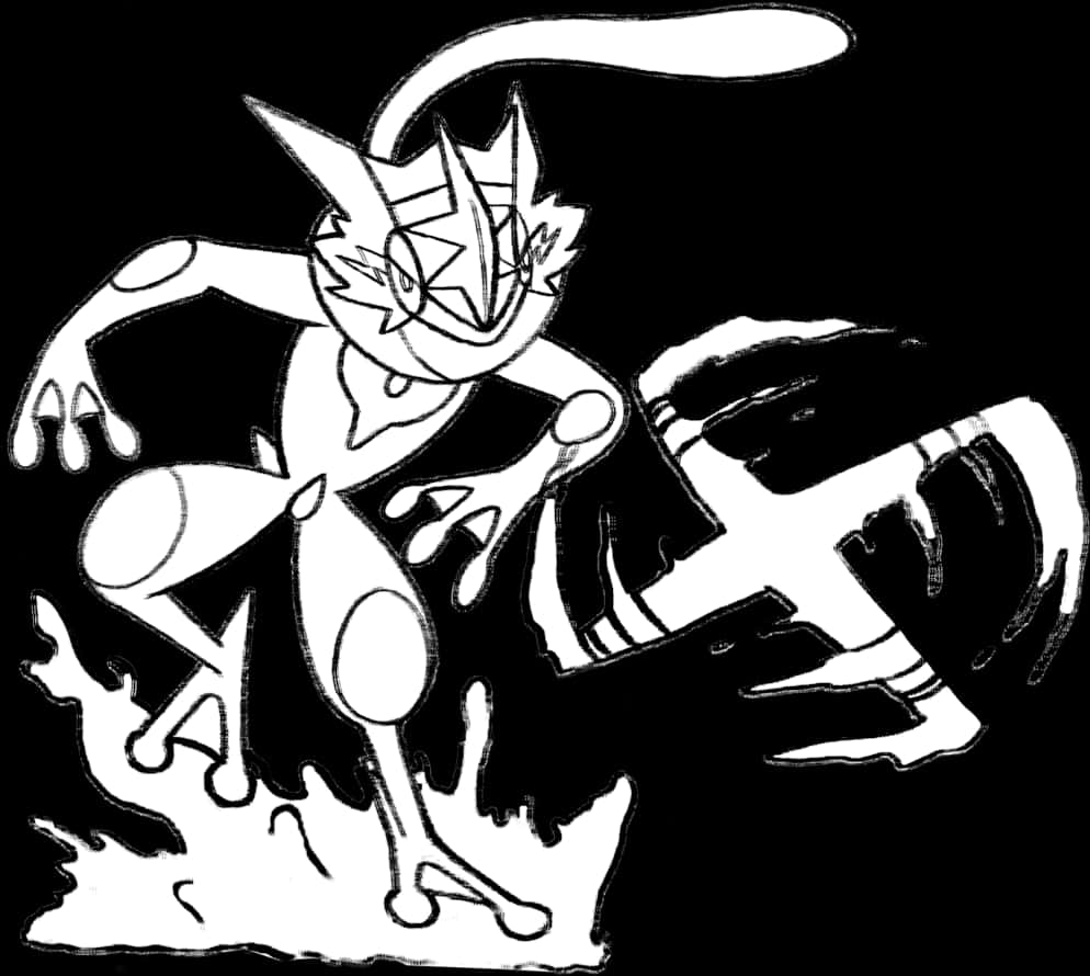 Greninja 動作姿勢 壁紙 — 一幅動態黑白線條藝術插圖，描繪一隻風格化的貓科生物在純黑背景中躍起。
