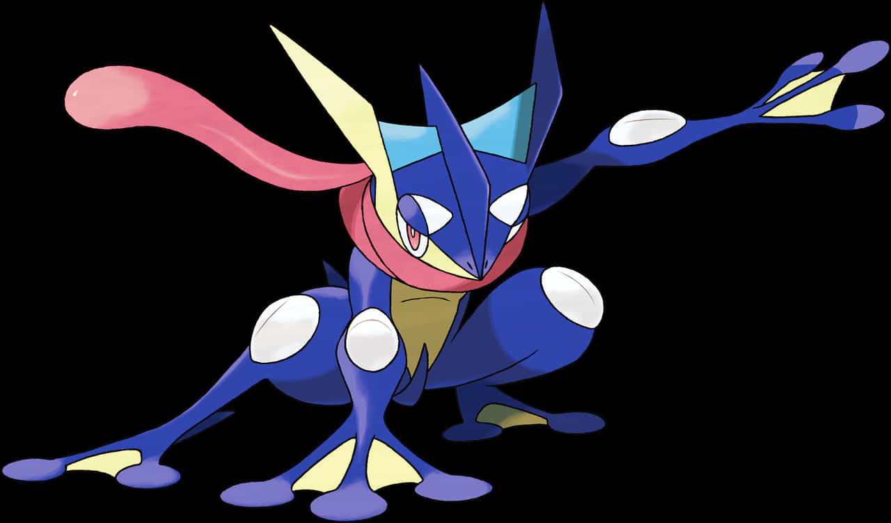Greninja 寶可夢角色 壁紙 — 一隻動態的藍色和粉紅色動畫寶可夢，具有銳利的幾何特徵和發光的眼睛，在黑色背景前擺姿勢。