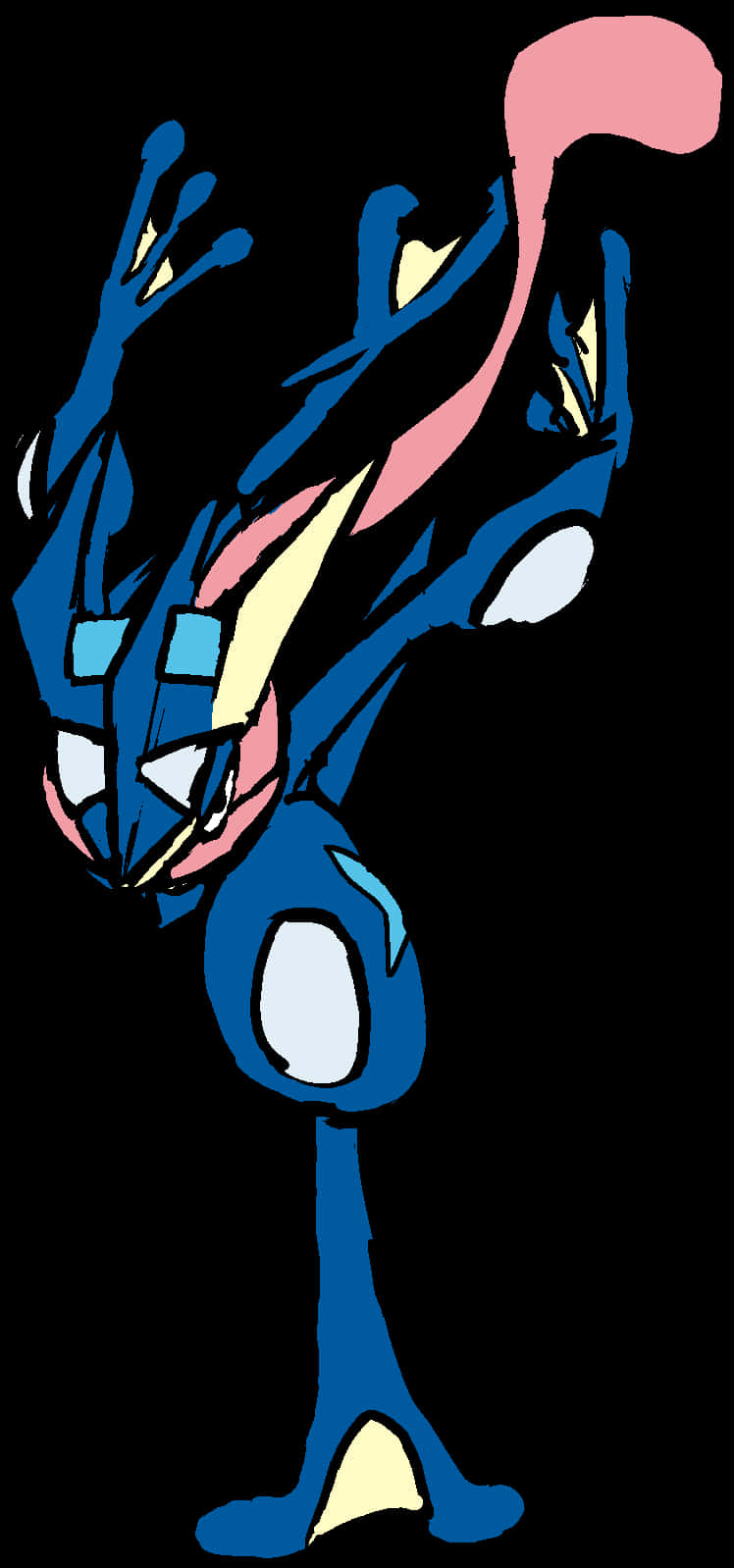 Greninja 寶可夢角色藝術圖 壁紙 — 一個風格化的藍色和粉紅色動漫生物，擁有發光的眼睛和流動的四肢，在黑色背景上動態站立。