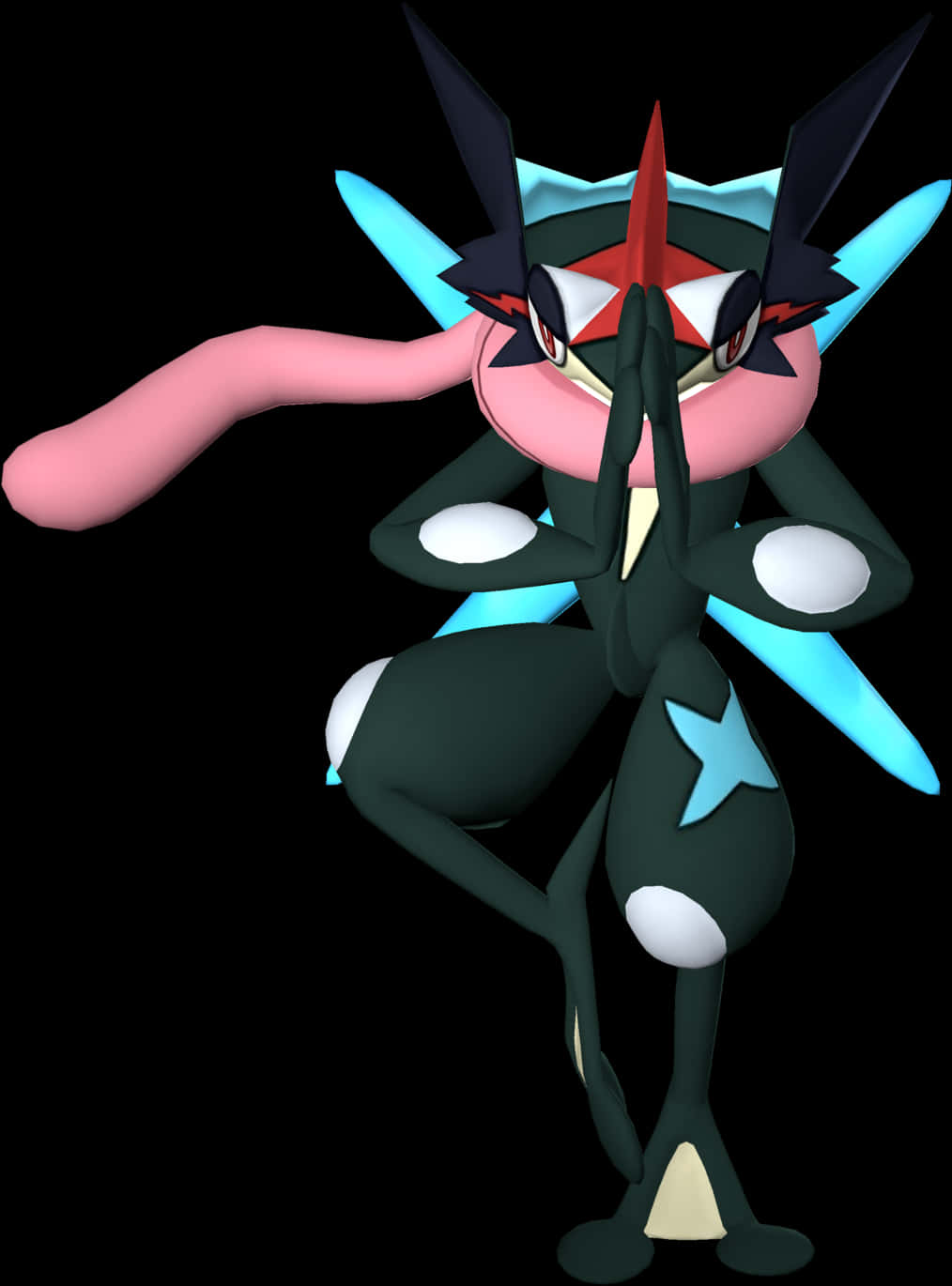 Greninja 寶可夢角色姿勢 壁紙 — 一個風格化的動畫寶可夢，粉紅色臉、藍色翅膀和黑色身體，在黑色背景上擺出動態姿勢。