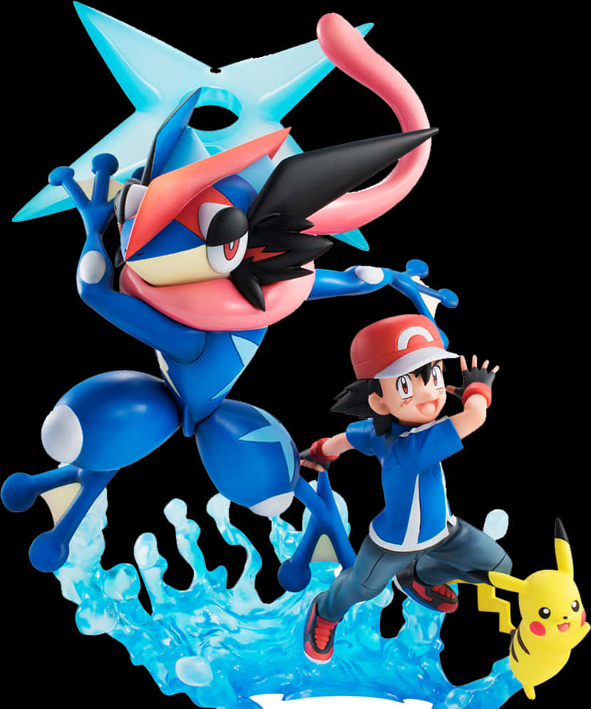 Greninja、小智與皮卡丘動態人偶 壁紙 — 小智和他的寶可夢甲賀忍蛙跳過藍色水花，旁邊有皮卡丘的動態動漫人偶。