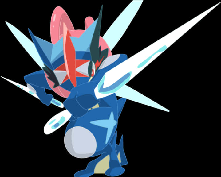 寶可夢 Greninja 行動姿勢 壁紙 — 一個動態的藍色和粉紅色動漫生物，擁有鋒利的白色刀片和發光的眼睛，在黑色背景上攻擊。