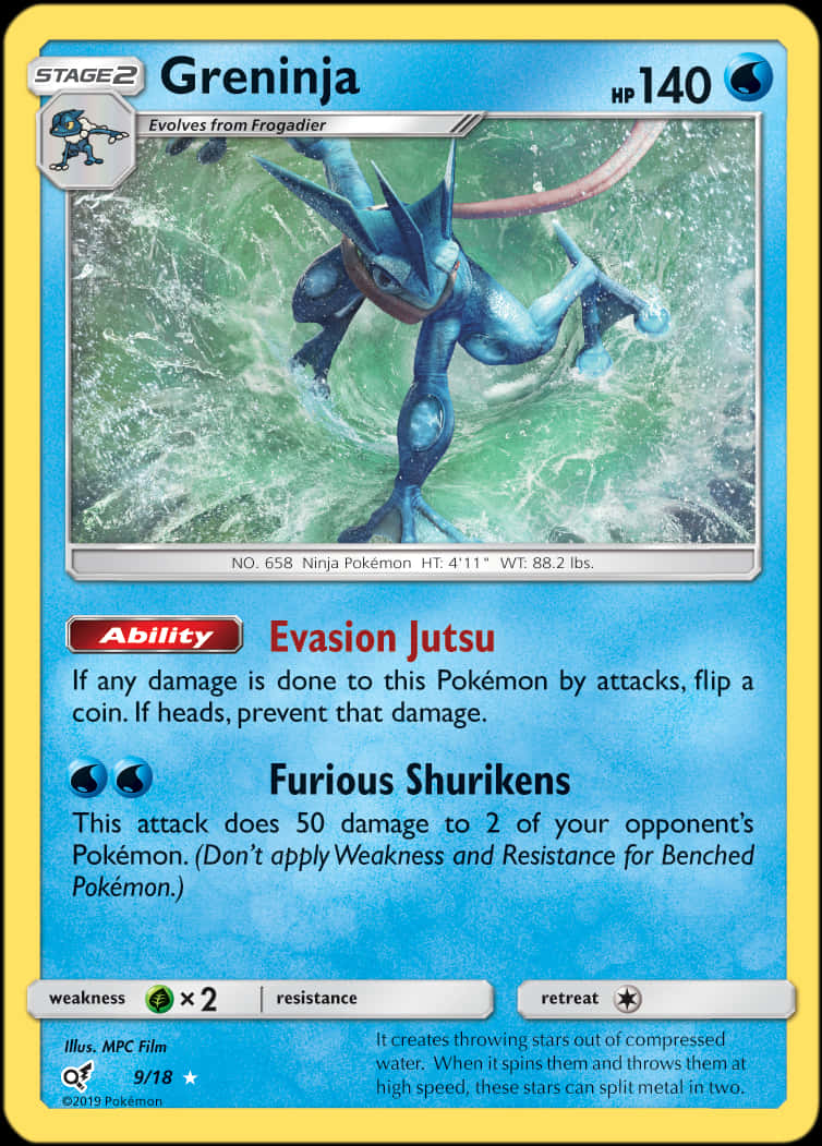 Greninja 寶可夢卡牌藝術 壁紙 — 一隻藍色忍者寶可夢在交易卡上跳過飛濺的水花，身後拖著一條紅繩。