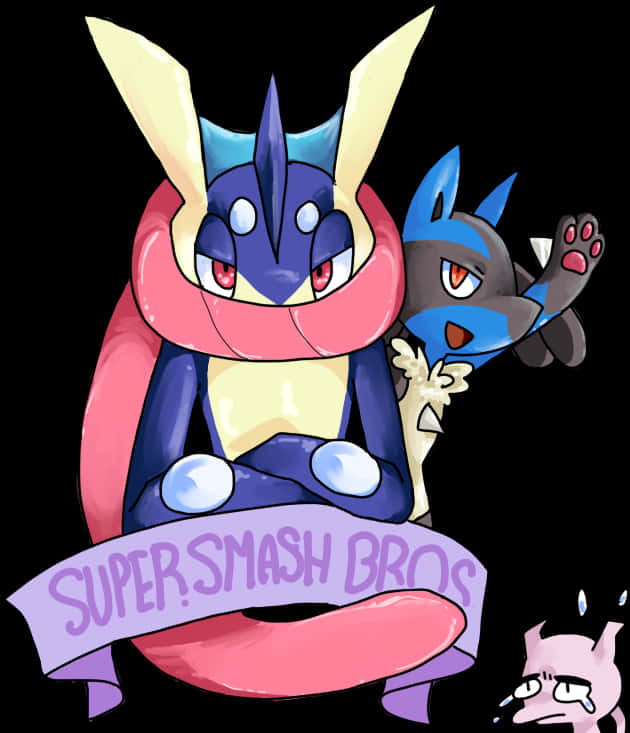 Greninja《任天堂明星大亂鬥》藝術作品 壁紙 — 兩個動畫化的寶可夢角色在黑色背景前自信地擺姿勢，帶有'Super Smash Bros'橫幅和下方一個出汗的粉紅色生物。