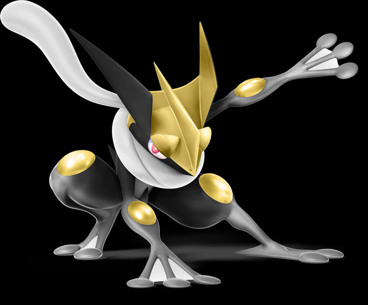 Greninja 寵物小精靈角色藝術 壁紙 — 一隻光滑的金色和黑色青蛙狀寶可夢，紅色眼睛，在黑色背景上擺出動態姿勢。