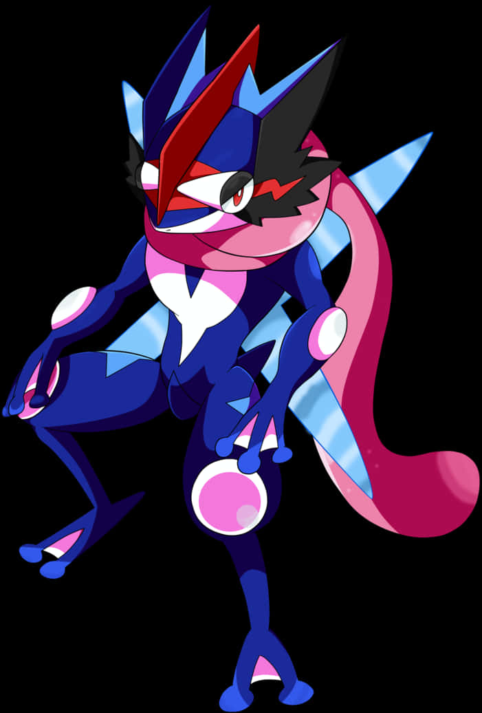 Greninja 寶可夢角色藝術圖 壁紙 — 一隻風格化的動畫青蛙寶可夢，帶有藍色、紅色和粉紅色的點綴，在黑色背景上動態擺姿勢。