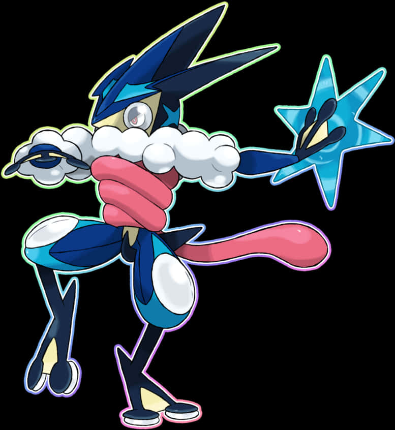 Greninja 寵物小精靈角色藝術 壁紙 — 一個充滿動感的動漫風格寶可夢，帶有藍色和粉紅色的點綴，在黑色背景前擺出英雄姿勢。