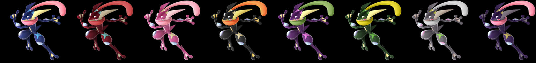 Greninja 多彩變體 壁紙 — 一排八隻色彩繽紛的伽勒爾地區寶可夢，每隻都有獨特的配色方案和動態姿勢，背景為黑色。