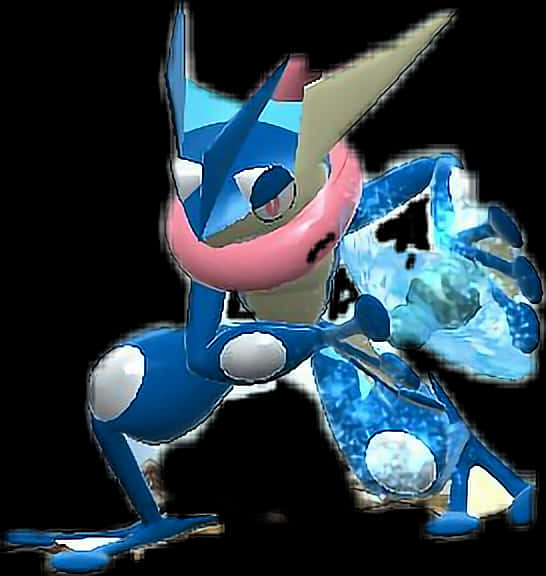 Greninja 寶可夢水飛鏢 壁紙 — 一隻藍色和粉紅色的寶可夢帶着冰碎片在黑色背景上攻擊。