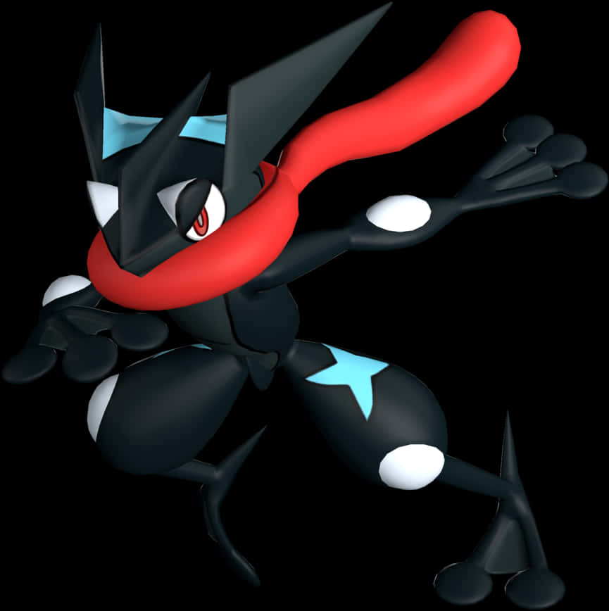 Greninja 寶可夢角色姿勢 壁紙 — 一隻動態3D渲染的黑色青蛙狀寶可夢，戴著紅色圍巾和藍色點綴，在黑色背景前擺出強力姿勢。